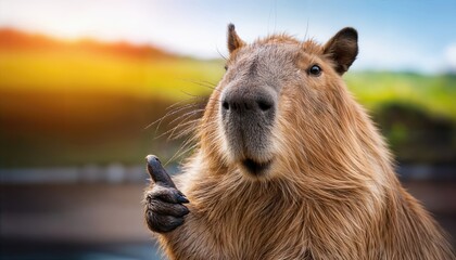 Happy Capybara Giving a Thumbs Up A Positive, Playful Mood Captured in HighResolution Detail, Showcasing the Charm of This Friendly Rodent Amidst an Adorable Scene.
