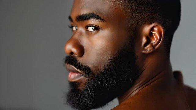 Man with a dark beard turning his head slightly to the side, gazing back with a confident look.