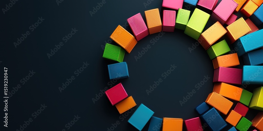 Poster Colorful rectangular blocks arranged in a circular pattern on a dark background, creating a modern and playful abstract design.