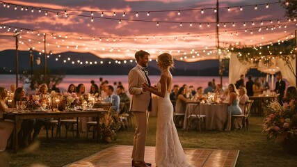 Joyful wedding reception with sunset and dancing guests at twilight