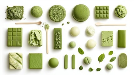 Naklejka premium A flat lay of matcha dessert items including mochi, matcha cake, and ice cream all arranged neatly on a solid white background clean 