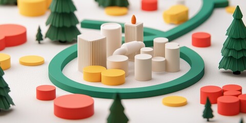 A colorful, minimalist diorama of a cityscape with abstract trees, buildings, and roads made from geometric shapes.