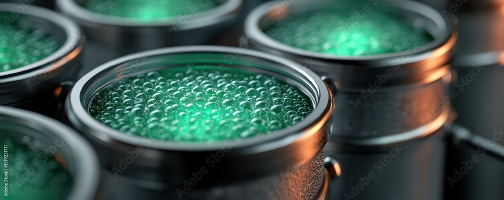 Poster metallic containers filled with bubbling, green liquid, closely arranged in a row.