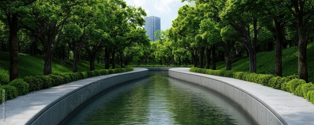 Poster a tree-lined water canal runs through a lush green park with a modern building visible in the backgr
