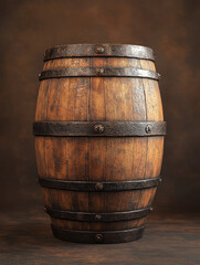 Obraz premium Wooden barrel on a brown textured background.