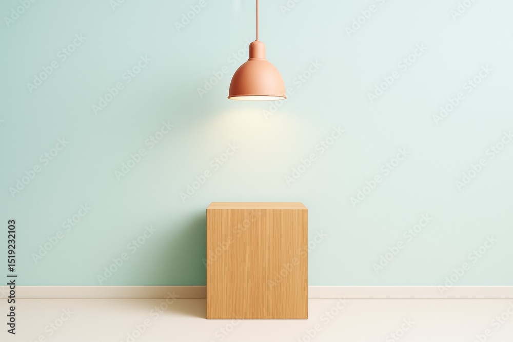 Poster minimalist wooden cube pedestal under hanging lamp on pastel blue background with soft light and abs