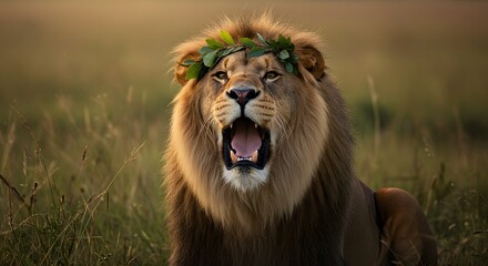 Majestic Lion with Leaf Crown A Symbol of Pride and Wild Beauty