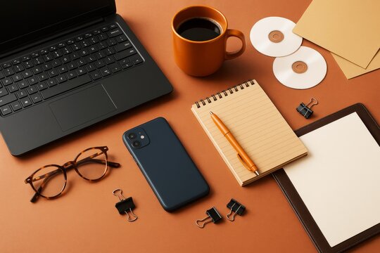 Workspace essentials with laptop, smartphone, notepad, coffee, and accessories on brown background in modern light graphic style. Ai generative. - Powered by Adobe
