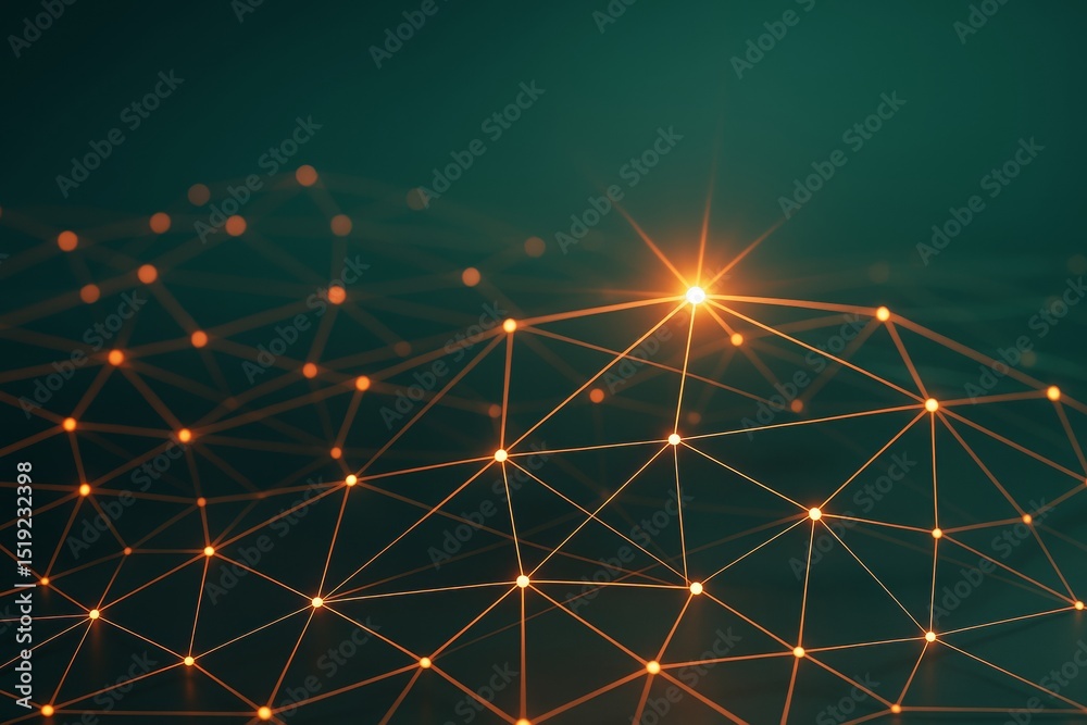 Poster Glowing network of connected orange nodes on dark background with geometric mesh and radiant light points in futuristic digital graphic style.