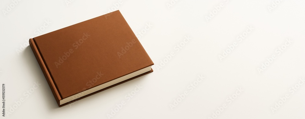 Poster closed brown hardcover book lying on light background with copyspace for design or advertising conce