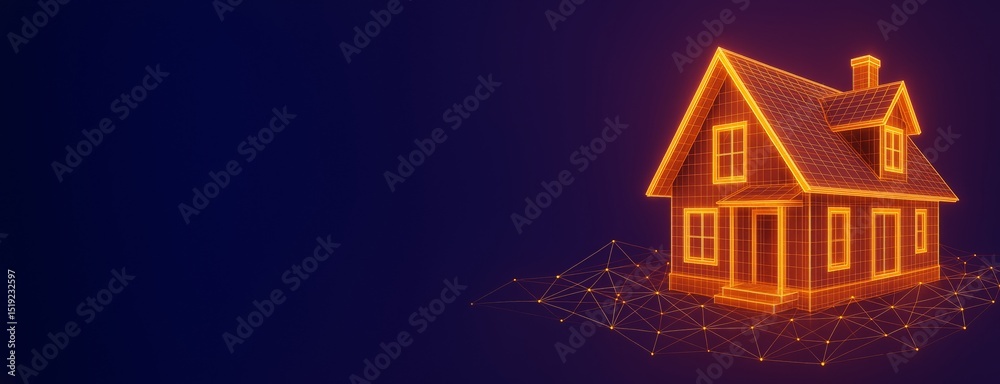 Poster Glowing wireframe house model with digital grid on dark background for futuristic architecture or smart home technology concept illustration.