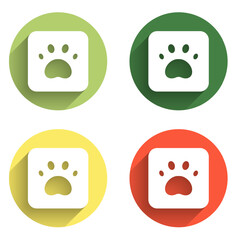 Set Paw print icon isolated with long shadow background. Dog or cat paw print. Animal track. Color circle button. Vector