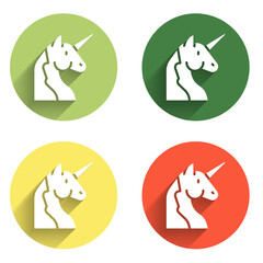 Set Unicorn icon isolated with long shadow background. Color circle button. Vector