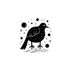 Stylized black bird illustration with decorative dots on white background design