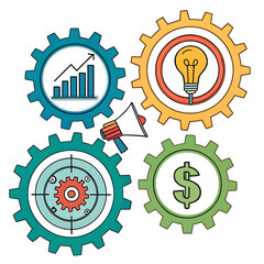 Stylized gear icons interlocked with marketing symbols like graph, megaphone, and dollar sign