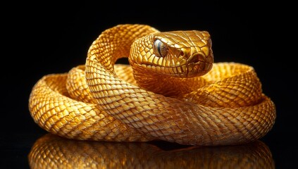 Obraz premium A gold colored snake is curled up on a black background