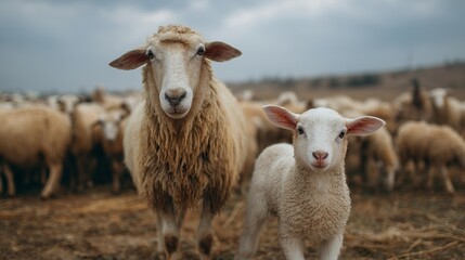 Fototapeta premium A sheep and a lamb standing in front of a flock of sheep in a field on an overcast day looking at camera
