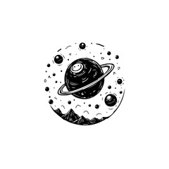 Monochrome space illustration featuring a planet with ring system and mountains © LgsDesign