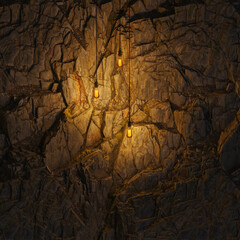 Dark Stone Wall with Edison lamp Lighting 3D Rendering