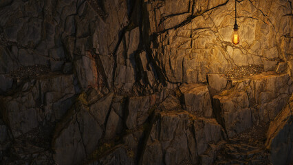 Dark Stone Wall with Edison lamp Lighting 3D Rendering