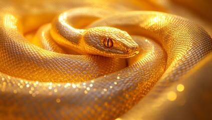 Fototapeta premium A gold colored snake is curled up on a black background