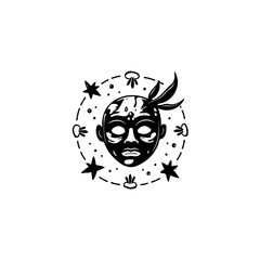 Monochrome mystic face with stars, plants, and geometric shapes creates an eerie and engaging image