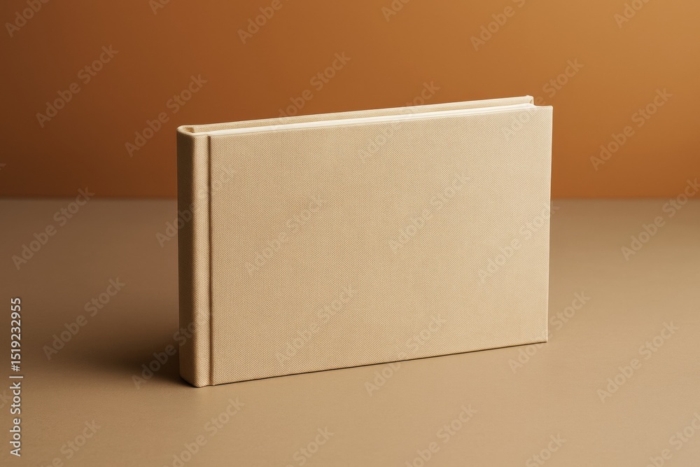 Poster beige horizontal hardcover book standing on brown surface with matching background, minimal clean de