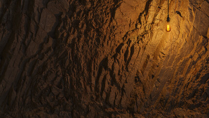 Dark Stone Wall with Edison lamp Lighting 3D Rendering