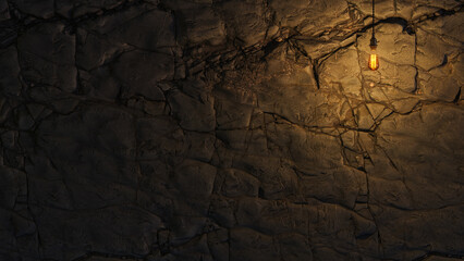 Dark Stone Wall with Edison lamp Lighting 3D Rendering