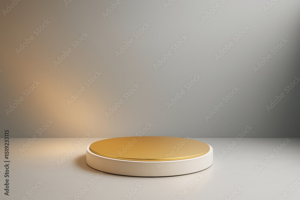 Aufkleber minimalist round podium with golden top on neutral background for product display or branding presen