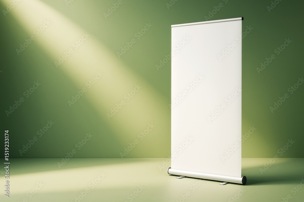 Poster blank roll-up banner standing on green background under dramatic lighting for promotion and advertis