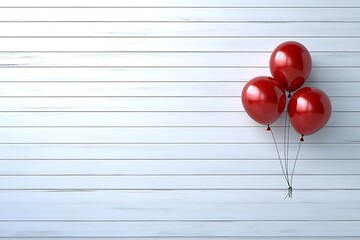 Red balloons on white wood background for party celebration event birthday and festive occasion stock photo