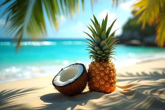 Tropical beach scene featuring pineapple and coconut under palm fronds with turquoise waters - Powered by Adobe