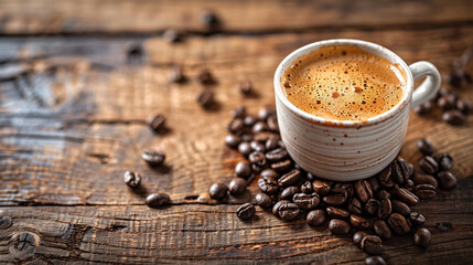 A steaming cup of coffee sits on a bed of roasted coffee beans on a rustic wooden surface. The image appears as an uploaded file in an Adobe Stock content creation dashboard.
