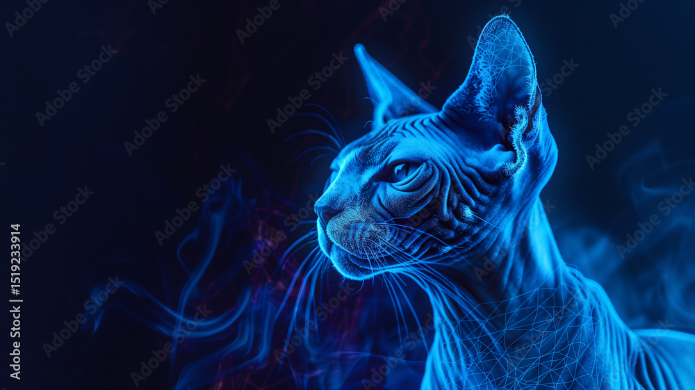 Poster this digital cat hologram glows softly in blue, projecting a futuristic companion into the air.