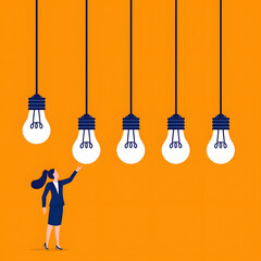 Naklejka premium Businesswoman reaching for hanging light bulbs ideas innovation concept
