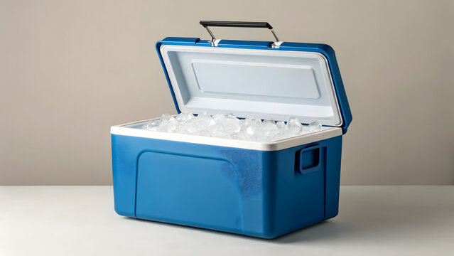 Insulated cold storage mockup of travel cooler box with raised lid and ice inside, blue thermal container for picnic, camping, or drink preservation needs