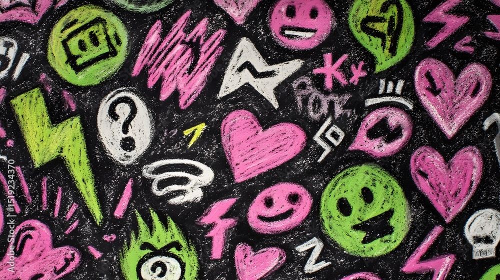Poster energetic and expressive grunge style crayon doodles featuring a mix of abstract symbols hearts flam
