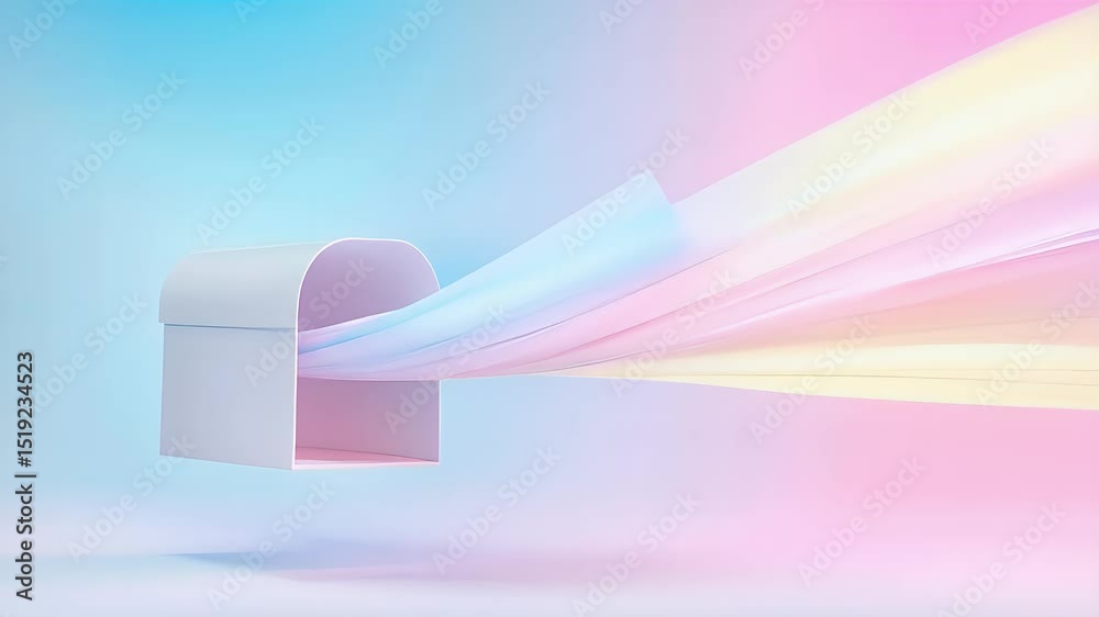 Poster ピンクと青の背景に抽象的な流れを持つ白い箱の3dレンダリング 未来的なスタイルのコンセプトデザインと鮮やかな色のグラフィックイラストレーション
