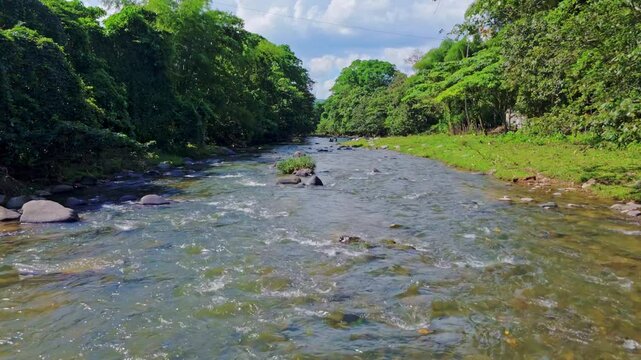 Smooth aerial drone footage flying forward low above the flowing water of Rio Maimon, surrounded by lush green trees and riverbanks on sunny day. Nature, travel, serene river scene