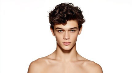 Naklejka premium A young man with curly hair stands against a simple white backdrop, displaying a confident look. His features are sharp and expressive, emphasizing youthful charm and style