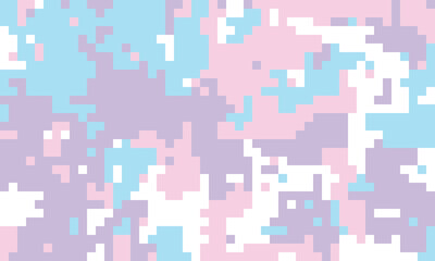 Pastel pixelated camo pattern.  Dreamy, abstract background in soft pink, purple, and blue hues. Ideal for websites, textiles, and playful branding. Evokes feelings of sweetness and gentle energy.