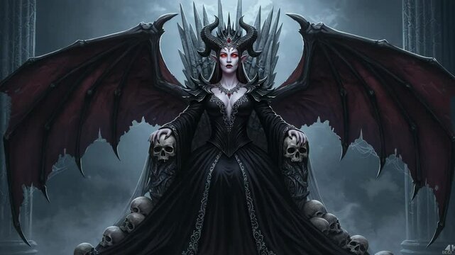 Evil winged queen seated on gothic throne