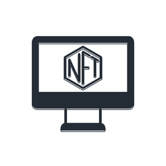 Black Monitor with art store app icon isolated on white background. Technology of selling NFT tokens for cryptocurrency. Non fungible token concept. Vector