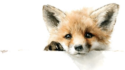 A captivating fox cub peeking curiously from the edge of a paper surface its warm furry tones and friendly eyes creating a soft watercolor like appearance against a white background