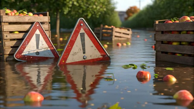 Flooded Orchard Warning Apples Damaged Produce Crate Flood Damage Agriculture Warning Sign Hazard Apple Harvest Loss