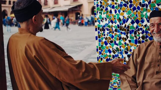 Elderly moroccan men sharing stories and laughter in djemaa el fna square