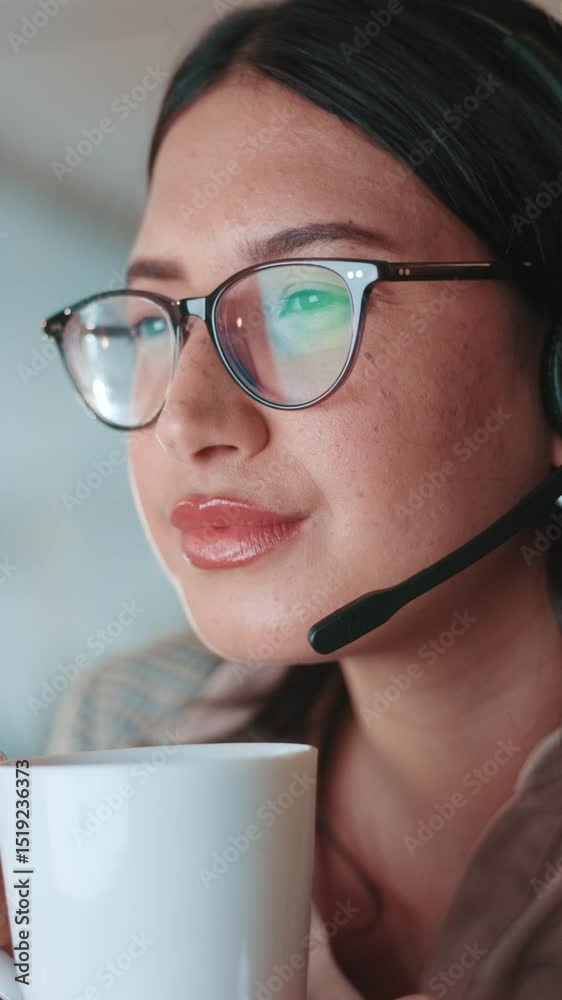 Poster glasses, woman and reading in office for call center chat, sales and loan help with coffee. reflecti