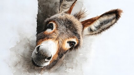 Watercolor painting of a donkey with a curious thoughtful expression peeking out from the edge of a white paper background