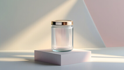 Empty Glass Jar Mockup with Metallic Lid on Geometric Pedestal and Pastel Background